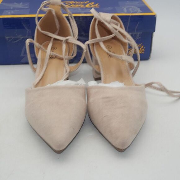 NEW Heel The World Women's 9 Nude Tan Beige Strappy Lace Up Chunky Heels - Picture 8 of 11